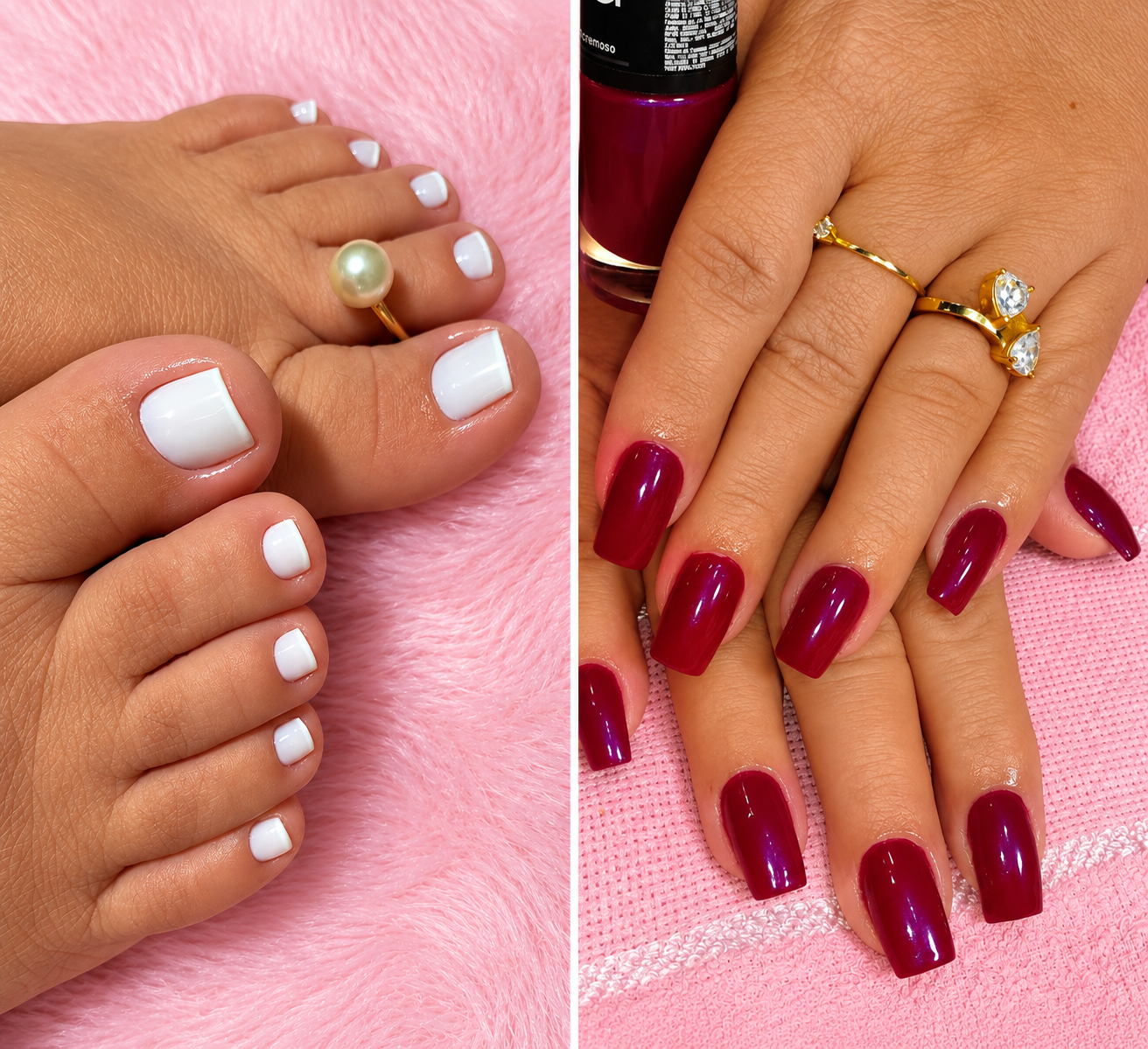 Trabalho de manicure e pedicure com unhas vermelhas e unhas dos pés brancas